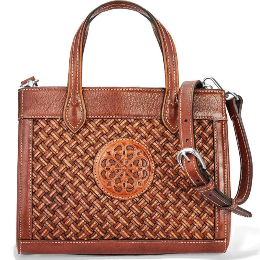 Brighton Cognac Brown Woven Leather Tote with Floral Medallion